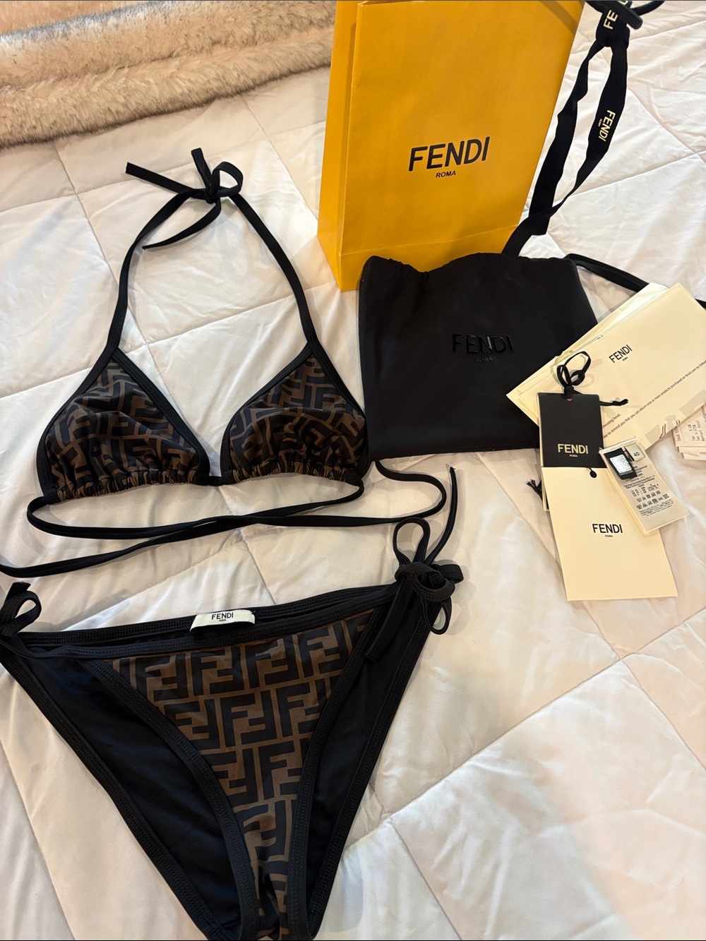 Fendi Brown & Black FF Logo Tie-Side Bikini